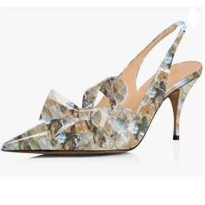YDN Marble Stiletto Heel Pumps Bow Pointed Toe Slingback Slip on Sandals Dress